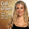 Woman wearing a leaf crown with decorative text on a gold patterned background