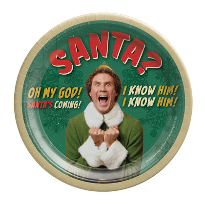 Round paper plate with festive design featuring a character and text about Santa Claus.