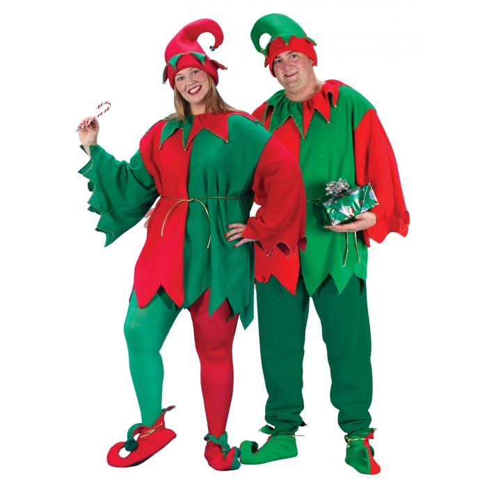 Two people wearing red and green elf costumes on a white background