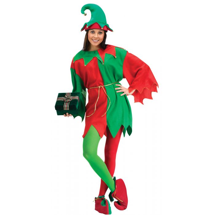 A woman modeling a red and green elf costume with a matching pointed hat, green tights, and red shoes, holding a small gift box against a plain white background.