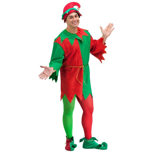 A man modeling a red and green elf costume with a matching pointed hat, green tights, and green-and-red shoes against a plain white background.
