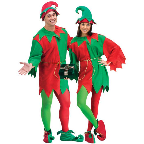 A man and a woman modeling matching elf costumes against a plain white background. The costumes include red and green tops and bottoms with pointed hats and elf-style shoes.