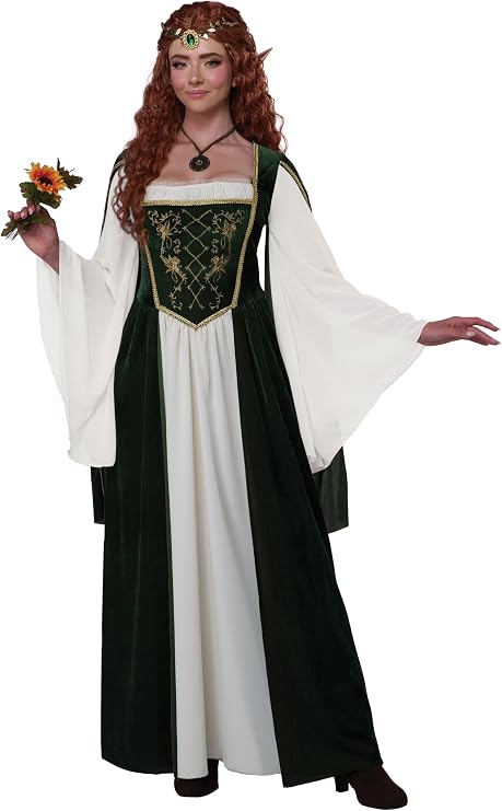 A woman modeling a medieval-style costume dress with a white tunic, dark green overlay, and gold embroidered details on the bodice, against a plain white background.