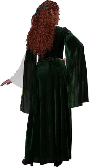 A woman modeling a dark green medieval-style costume dress with long draped sleeves, a black bodice, and a long skirt, shown from the back against a plain white background.