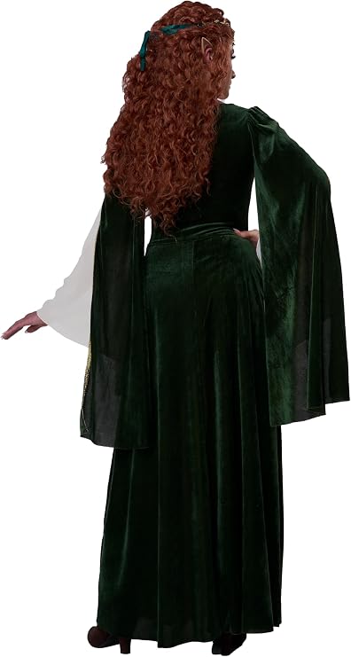 A woman modeling a dark green medieval-style costume dress with long draped sleeves, a black bodice, and a long skirt, shown from the back against a plain white background.