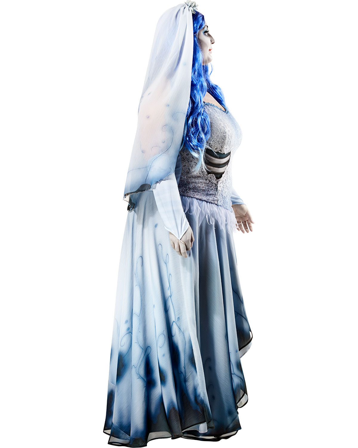 Mannequin wearing a long, flowing dress with blue and white gradient on a white background