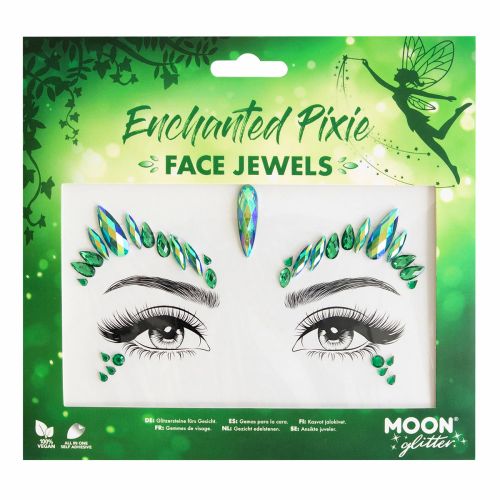 Packaging of Enchanted Pixie Face Jewels with fairy design and green theme.