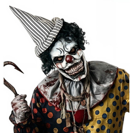 A creepy, horror-themed clown mask and costume accessory set, featuring a striped pointed hat, a blood-splattered white face with a red nose and wide grin, and a polka-dot clown outfit with a bloody knife prop, isolated on a white background.