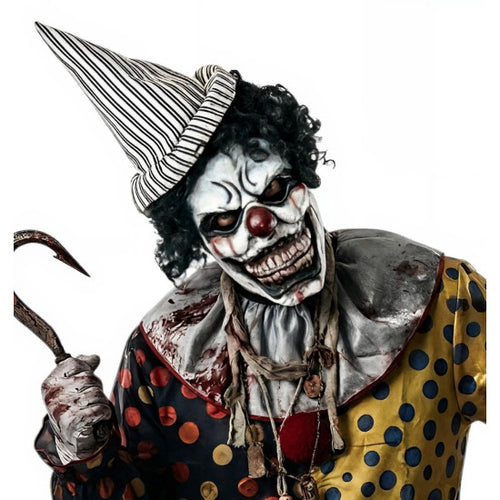 A creepy, horror-themed clown mask and costume accessory set, featuring a striped pointed hat, a blood-splattered white face with a red nose and wide grin, and a polka-dot clown outfit with a bloody knife prop, isolated on a white background.