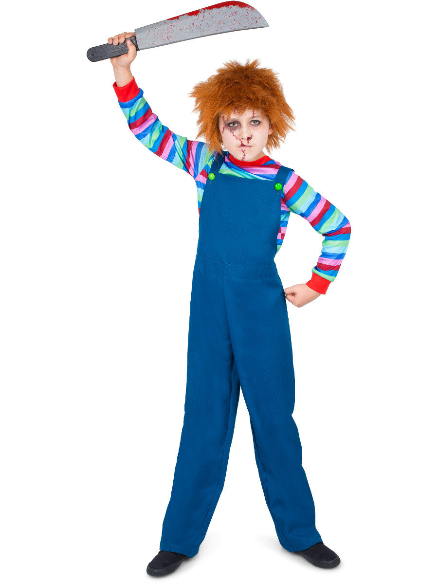 Person in a costume with blue overalls and colorful striped shirt holding a weapon on a white background