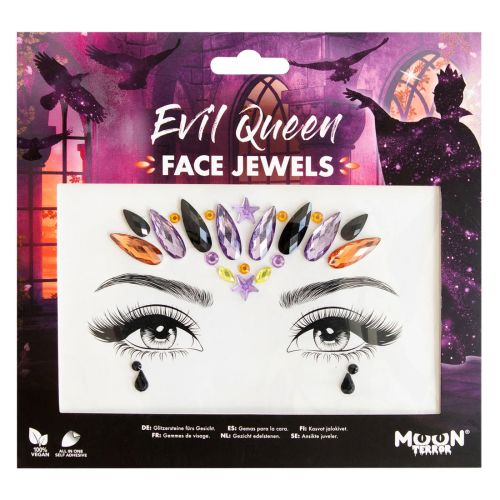Packaging of 'Evil Queen' face jewels with a Halloween-themed design.