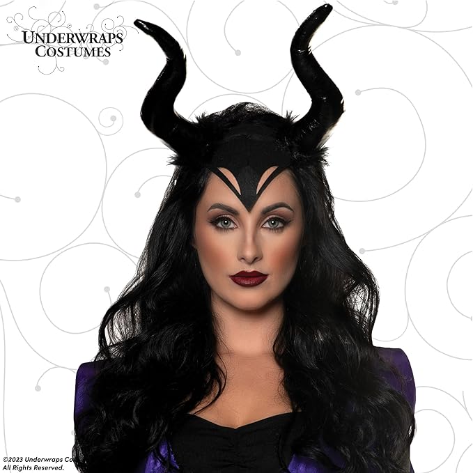 Person wearing a costume with black horns and purple accents on a white background, branded 'Underwraps Costumes'.