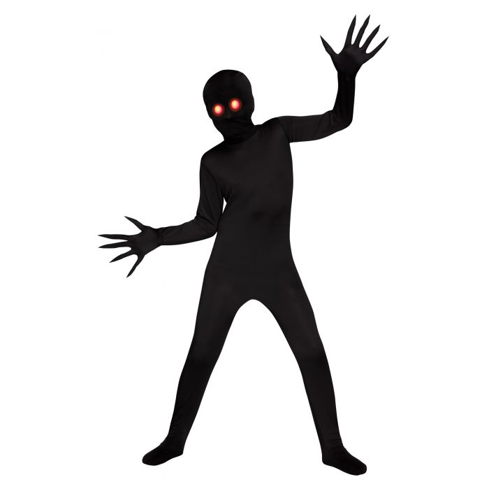 A person wearing a black full-body costume with a head covering and long clawed gloves, posed against a plain white background. The face area is obscured by a black rectangle, and the eyes appear glowing red.