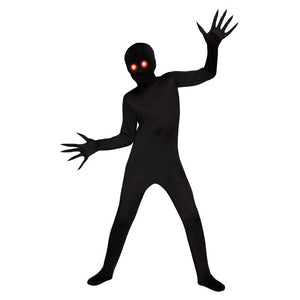 A person wearing a black full-body costume with a head covering and long clawed gloves, posed against a plain white background. The face area is obscured by a black rectangle, and the eyes appear glowing red.
