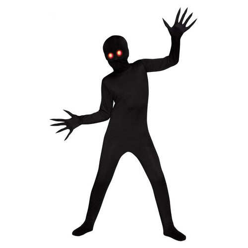 A person wearing a black full-body costume with a head covering and long clawed gloves, posed against a plain white background. The face area is obscured by a black rectangle, and the eyes appear glowing red.