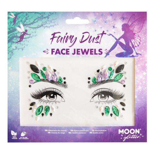 Packaging of fairy dust face jewels with a fairy design on a purple and blue gradient background.