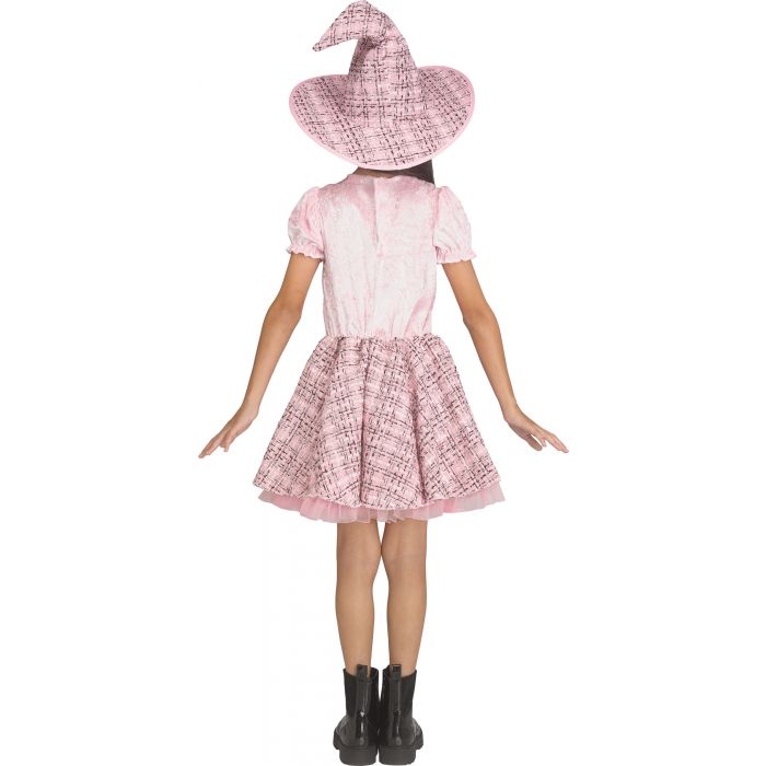 A child model shown from the back wearing a pink witch costume consisting of a short-sleeve dress with a plaid skirt and a matching pointed witch hat, paired with black boots, against a plain white background.