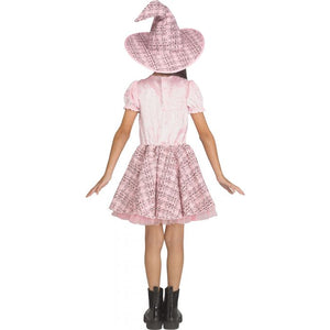 A child model shown from the back wearing a pink witch costume consisting of a short-sleeve dress with a plaid skirt and a matching pointed witch hat, paired with black boots, against a plain white background.