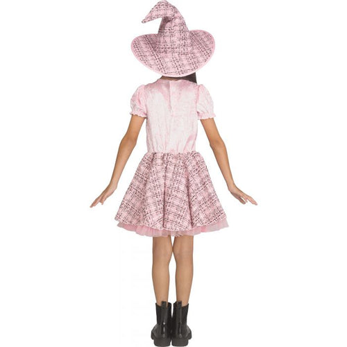 A child model shown from the back wearing a pink witch costume consisting of a short-sleeve dress with a plaid skirt and a matching pointed witch hat, paired with black boots, against a plain white background.