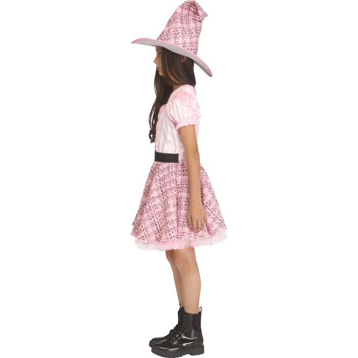 A child model shown in profile wearing a pink and white patterned witch costume dress with a matching pointed hat and black boots, against a plain white background.