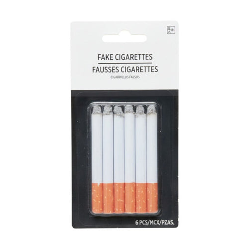 A retail pack of 6 novelty fake cigarettes in blister packaging, featuring white bodies with orange filter sections and gray tips, on a plain white background.