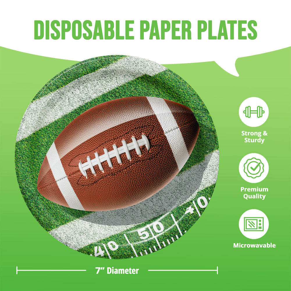 A green promotional graphic for disposable paper plates. A circular plate design is shown with a football on a grass-and-white-stripe football-field pattern.