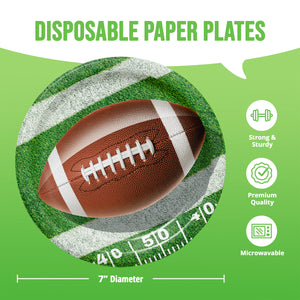 A green promotional graphic for disposable paper plates. A circular plate design is shown with a football on a grass-and-white-stripe football-field pattern.