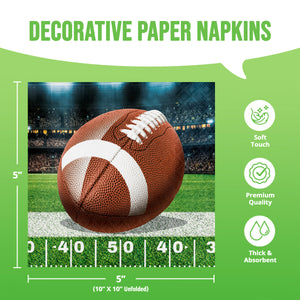 Decorative paper napkins featuring a football on a stadium field, shown with size and feature callouts on a bright green background.