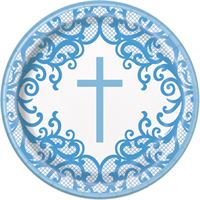 Round paper plate with blue decorative border and central cross design