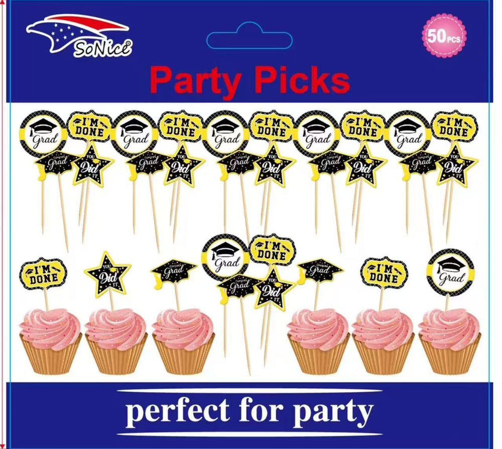 Packaged 'I'm Done Grad' party picks with cupcakes on a blue background