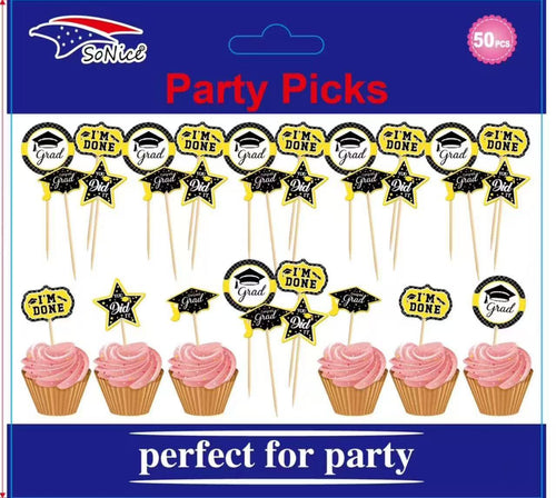Packaged 'I'm Done Grad' party picks with cupcakes on a blue background