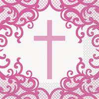 Pink lace design with a cross on a white background