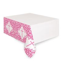 White box with pink decorative paper featuring a design of a baby bottle and bow.