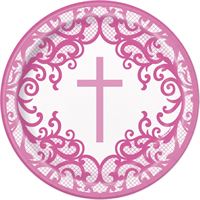 Fancy Pink Cross Round 7" Dessert Plates  8ct