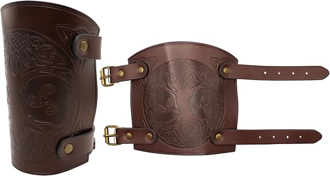 Pair of brown leather arm guards with intricate designs on a white background