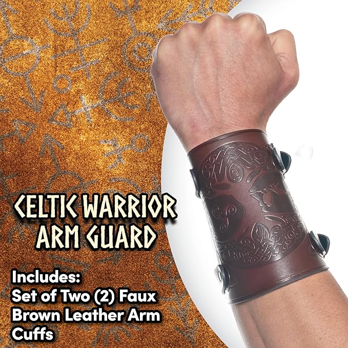 Celtic warrior arm guard on a wrist with decorative background