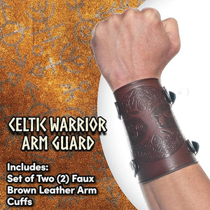 Celtic warrior arm guard on a wrist with decorative background