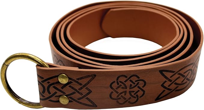 Brown leather belt with Celtic knot designs and brass hardware on a white background