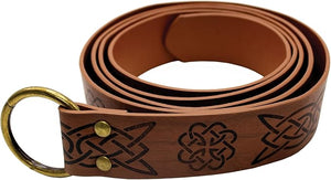 Brown leather belt with Celtic knot designs and brass hardware on a white background