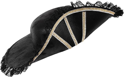 Black tricorn hat with decorative band on a white background