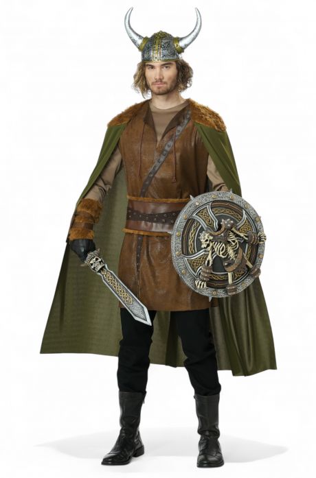 Person in a Viking costume with a sword and shield on a white background