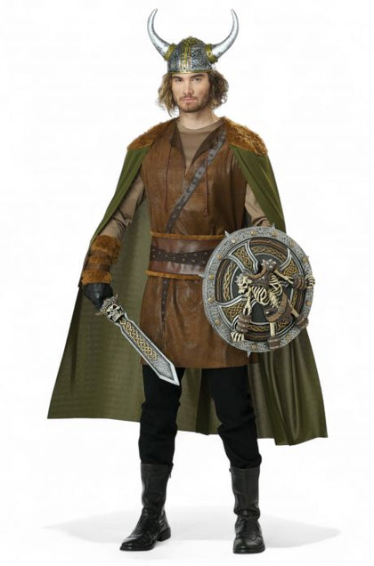 Person in a Viking costume with a sword and shield on a white background
