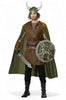 Person in a Viking costume with a sword and shield on a white background