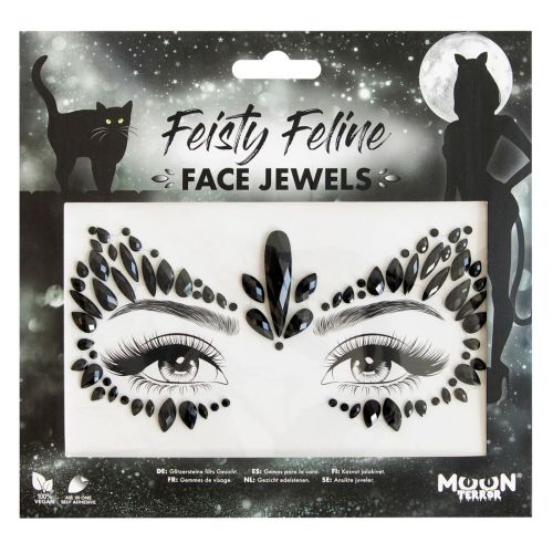 Packaged face jewels with 'Feisty Feline' text on a black and white background