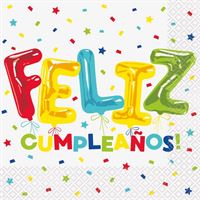 Colorful balloon letters spelling 'Feliz Cumpleaños' on a white background with confetti.