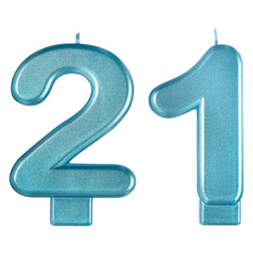 Two blue number candles, '21', on a white background