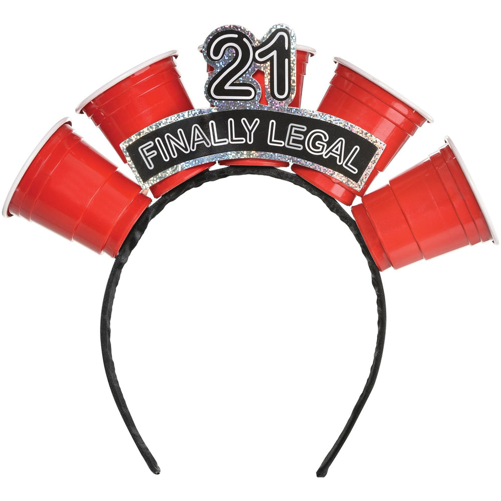 Headband with red cups and '21 Finally Legal' text on a white background