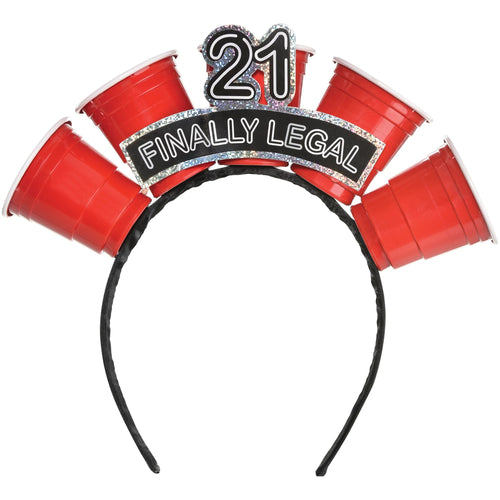 Headband with red cups and '21 Finally Legal' text on a white background