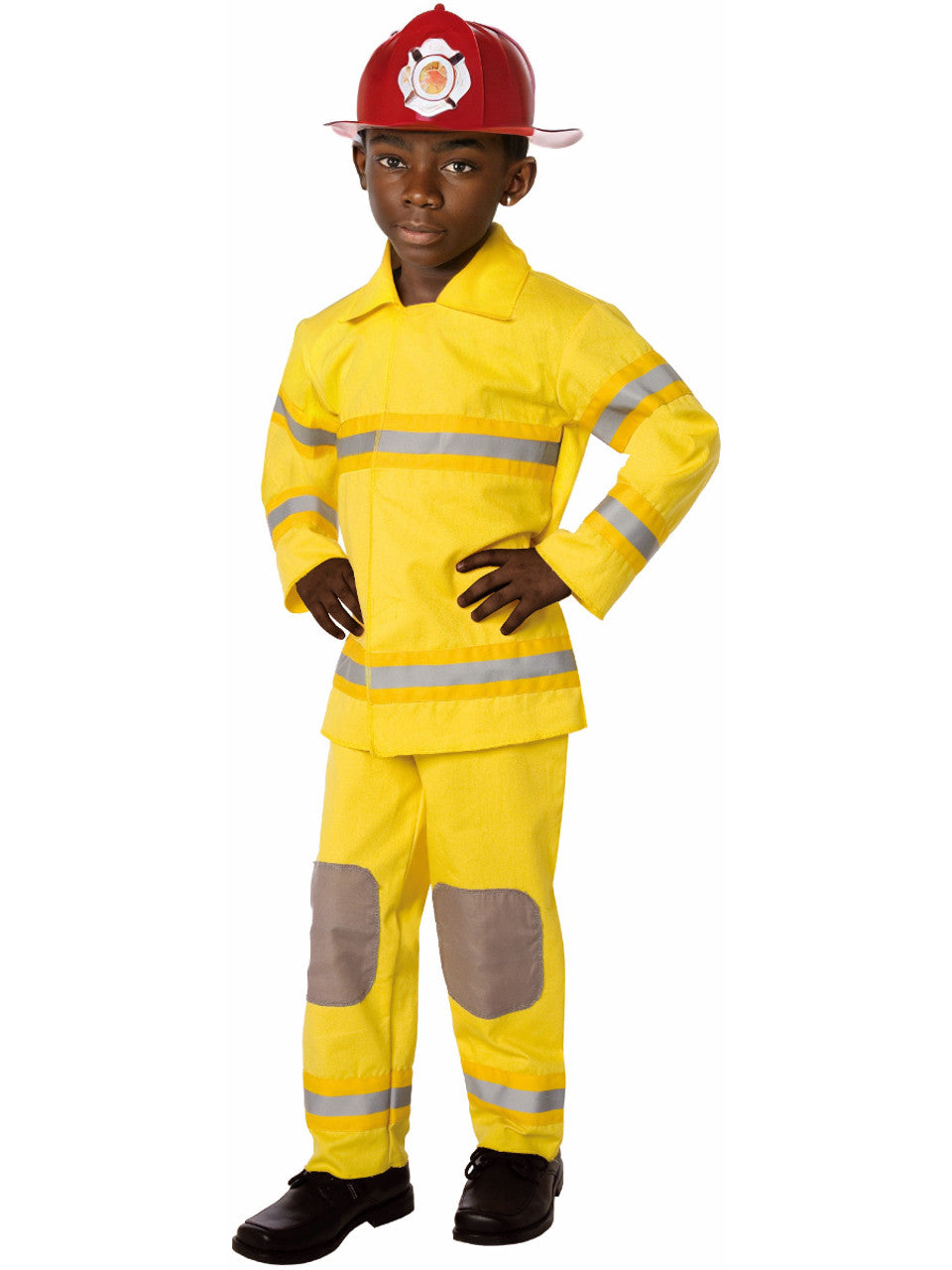 Child wearing a yellow fireman costume with a red helmet on a white background