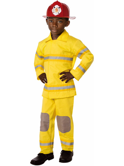 Child wearing a yellow fireman costume with a red helmet on a white background